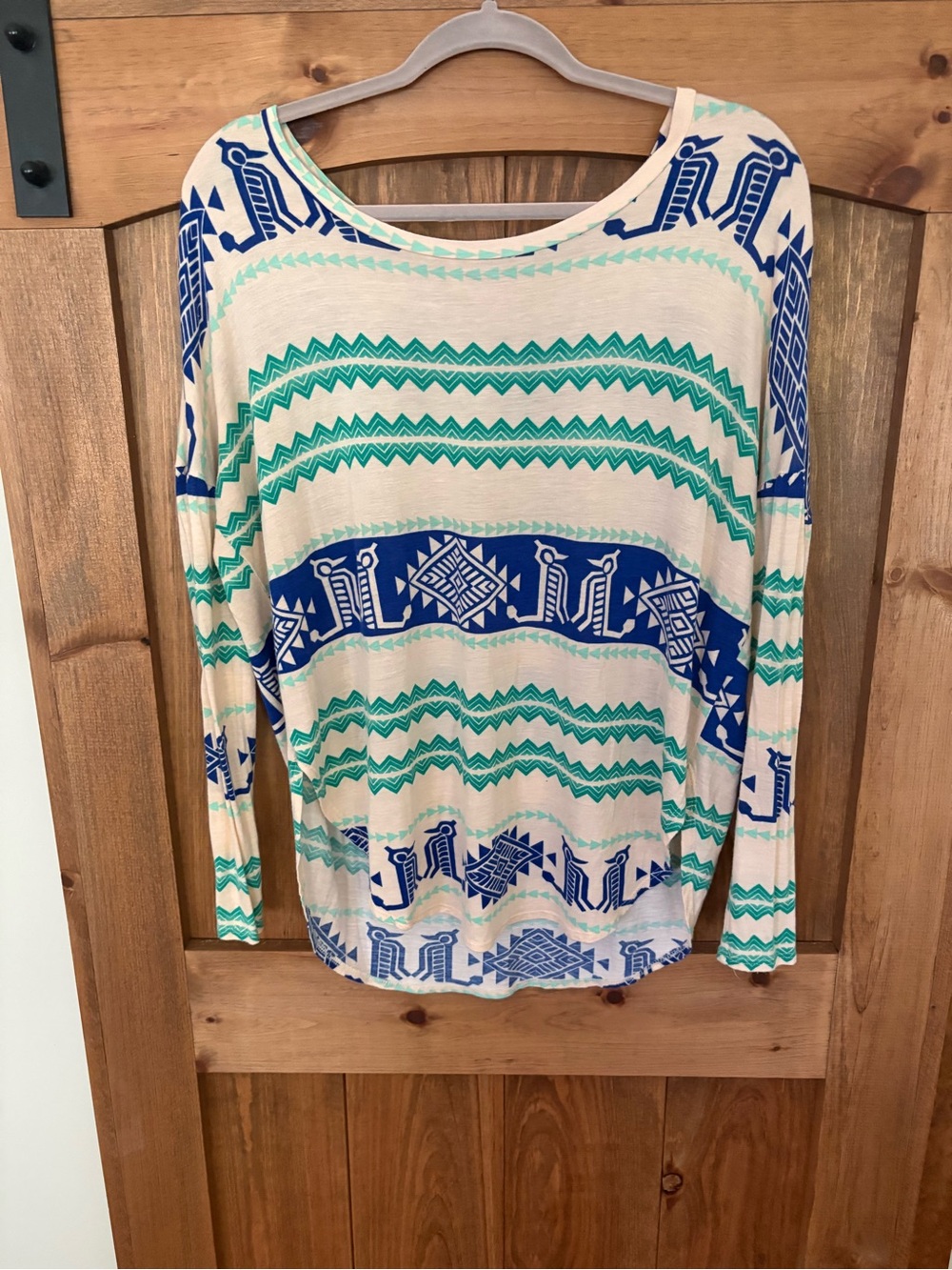 Fantastic Fawn Women’s Cream Long-Sleeve Top with Blue & Teal Aztec Print